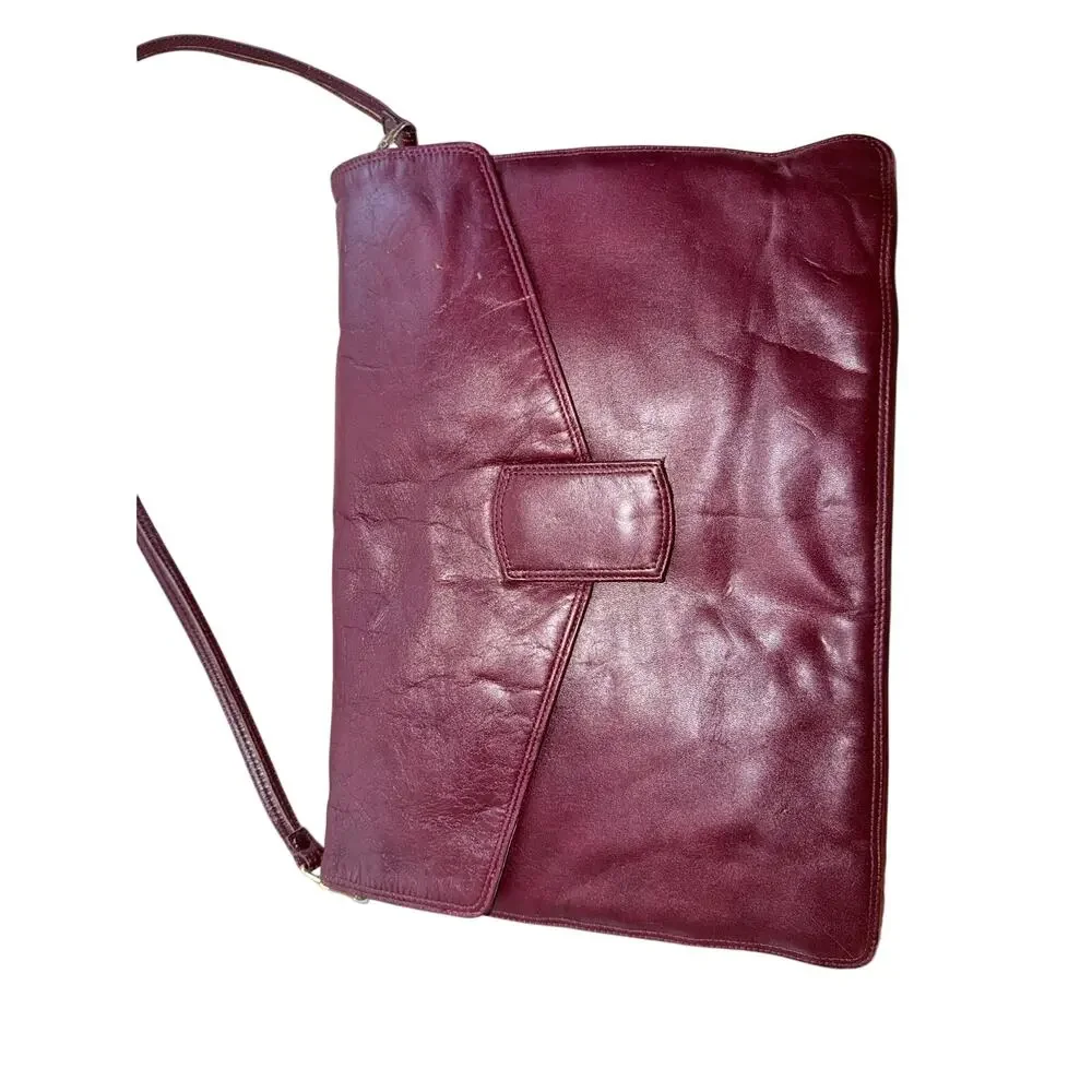 Vintage rust red leather portfolio with shoulder strap iPad tablet briefcase